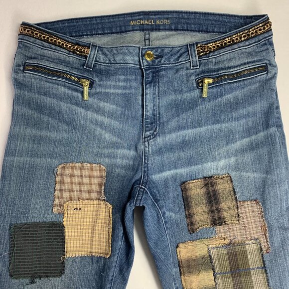 Michael Kors Jeans Boho Neutral Patched Ankle Gold Chain Refashioned Womens 14 - Picture 2 of 11